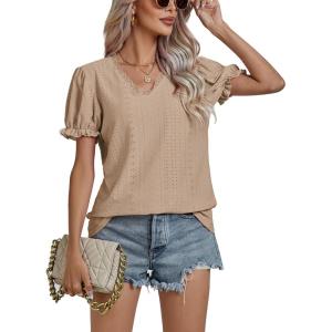 imageLYANER Womens Casual Puff Short Sleeve Lace Trim Eyelet V Neck Shirt Blouse Tunic TopKhaki