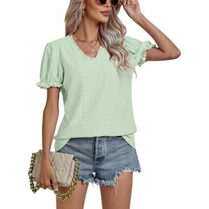 imageLYANER Womens Casual Puff Short Sleeve Lace Trim Eyelet V Neck Shirt Blouse Tunic TopLight Green