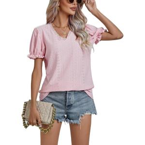 imageLYANER Womens Casual Puff Short Sleeve Lace Trim Eyelet V Neck Shirt Blouse Tunic TopPink