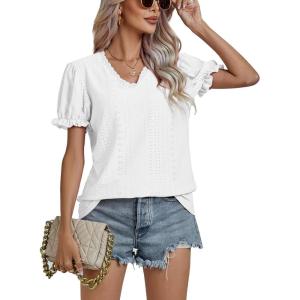 imageLYANER Womens Casual Puff Short Sleeve Lace Trim Eyelet V Neck Shirt Blouse Tunic TopWhite