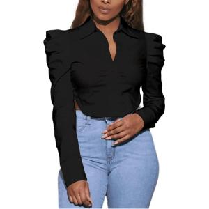 imageLYANER Womens Collar V Neck Button Down Split Hem Puff Long Sleeve Shirt Blouse TopBlack