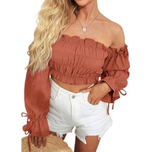 imageLYANER Womens Off The Shoulder Ruffle Trim Drawsting Puff Long Sleeve Tube Crop Blouse Shirt TopRust Red