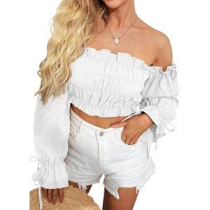 imageLYANER Womens Off The Shoulder Ruffle Trim Drawsting Puff Long Sleeve Tube Crop Blouse Shirt TopWhite