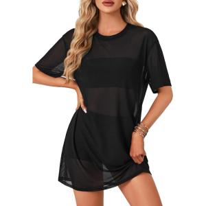 imageLYANER Womens Sheer Mesh Short Sleeve Cover Ups Round Neck See Through Sexy Blouse Shirt TopBlack