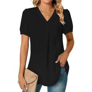 imageLYANER Womens Summer Dressy Chiffon Blouses V Neck Short Sleeve Tunic Tops for Leggings Casual TShirtsBlack