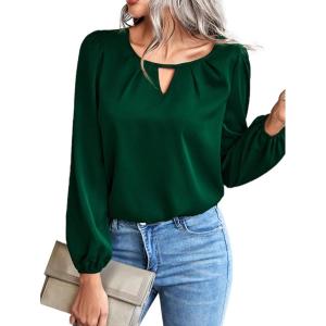 imageLYANER Womens V Neck Pleated Solid Puff Long Sleeve Blouse Office Shirt TopDark Green