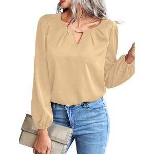 imageLYANER Womens V Neck Pleated Solid Puff Long Sleeve Blouse Office Shirt TopKhaki