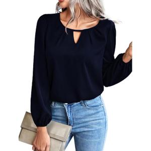 imageLYANER Womens V Neck Pleated Solid Puff Long Sleeve Blouse Office Shirt TopNavy Blue