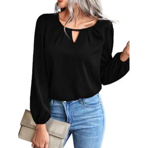 imageLYANER Womens V Neck Pleated Solid Puff Long Sleeve Blouse Office Shirt TopSolid Black