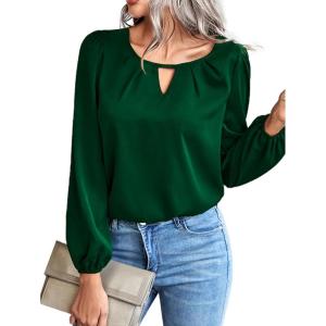 imageLYANER Womens V Neck Pleated Solid Puff Long Sleeve Blouse Office Shirt TopSolid Dark Green