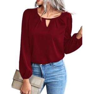 imageLYANER Womens V Neck Pleated Solid Puff Long Sleeve Blouse Office Shirt TopWine Red