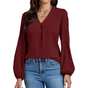 imageLYANER Womens VNeck Long Sleeve Solid Tee Shirt Blouse TopBurgundy