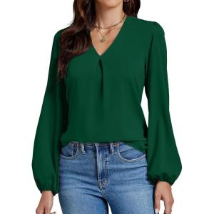 imageLYANER Womens VNeck Long Sleeve Solid Tee Shirt Blouse TopDark Green