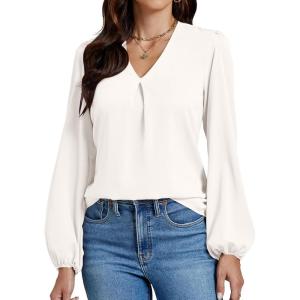imageLYANER Womens VNeck Long Sleeve Solid Tee Shirt Blouse TopWhite