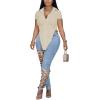 imageLYANER Womens Collar V Neck Button Front Short Sleeve Slit Hem Long Shirt Blouse TopBeige