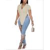 imageLYANER Womens Collar V Neck Button Front Short Sleeve Slit Hem Long Shirt Blouse TopBeige