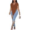 imageLYANER Womens Collar V Neck Button Front Short Sleeve Slit Hem Long Shirt Blouse TopBrown