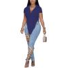 imageLYANER Womens Collar V Neck Button Front Short Sleeve Slit Hem Long Shirt Blouse TopDark Blue