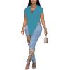 imageLYANER Womens Collar V Neck Button Front Short Sleeve Slit Hem Long Shirt Blouse TopMint Blue