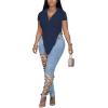 imageLYANER Womens Collar V Neck Button Front Short Sleeve Slit Hem Long Shirt Blouse TopNavy