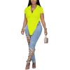 imageLYANER Womens Collar V Neck Button Front Short Sleeve Slit Hem Long Shirt Blouse TopNeon Yellow