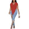 imageLYANER Womens Collar V Neck Button Front Short Sleeve Slit Hem Long Shirt Blouse TopRed