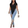imageLYANER Womens Collar V Neck Button Front Short Sleeve Slit Hem Long Shirt Blouse TopSolid Black