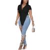 imageLYANER Womens Collar V Neck Button Front Short Sleeve Slit Hem Long Shirt Blouse TopSolid Black