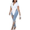 imageLYANER Womens Collar V Neck Button Front Short Sleeve Slit Hem Long Shirt Blouse TopSolid White