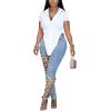 imageLYANER Womens Collar V Neck Button Front Short Sleeve Slit Hem Long Shirt Blouse TopSolid White