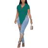 imageLYANER Womens Collar V Neck Button Front Short Sleeve Slit Hem Long Shirt Blouse TopTeal Blue