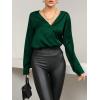 imageLYANER Womens Satin Silky Deep V Neck Long Sleeve Work Elegant Blouse TopDark Green