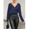 imageLYANER Womens Satin Silky Deep V Neck Long Sleeve Work Elegant Blouse TopNavy Blue