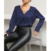 imageLYANER Womens Satin Silky Deep V Neck Long Sleeve Work Elegant Blouse TopNavy Blue