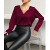 imageLYANER Womens Satin Silky Deep V Neck Long Sleeve Work Elegant Blouse TopSolid Wine Red