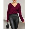 imageLYANER Womens Satin Silky Deep V Neck Long Sleeve Work Elegant Blouse TopSolid Wine Red
