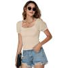imageLYANER Womens Square Neck Shirred Eyelet Embroidered Puff Short Sleeve Ruffle Trim Blouse Crop TopBeige