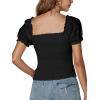 imageLYANER Womens Square Neck Shirred Eyelet Embroidered Puff Short Sleeve Ruffle Trim Blouse Crop TopBlack