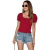 imageLYANER Womens Square Neck Shirred Eyelet Embroidered Puff Short Sleeve Ruffle Trim Blouse Crop TopRed