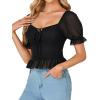 imageLYANER Womens Sweetheart Neck Self Tie Knot Ruched Mesh Short Sleeve Blouse Shirt Crop TopBlack