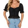 imageLYANER Womens Sweetheart Neck Self Tie Knot Ruched Mesh Short Sleeve Blouse Shirt Crop TopBlack