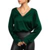 imageLYANER Womens Satin Silky Deep V Neck Long Sleeve Work Elegant Blouse TopDark Green