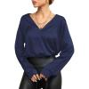 imageLYANER Womens Satin Silky Deep V Neck Long Sleeve Work Elegant Blouse TopNavy Blue