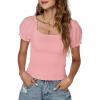 imageLYANER Womens Square Neck Shirred Eyelet Embroidered Puff Short Sleeve Ruffle Trim Blouse Crop TopPink