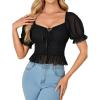 imageLYANER Womens Sweetheart Neck Self Tie Knot Ruched Mesh Short Sleeve Blouse Shirt Crop TopBlack