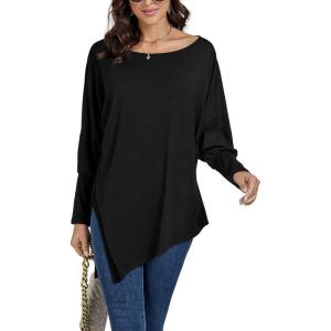 imageLYANER Womens Boat Neck Asymmetrical Hem Bat Long Sleeve Split Loose Tunic TShirt TopBlack