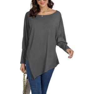 imageLYANER Womens Boat Neck Asymmetrical Hem Bat Long Sleeve Split Loose Tunic TShirt TopGray