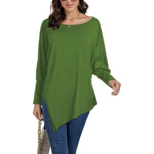 imageLYANER Womens Boat Neck Asymmetrical Hem Bat Long Sleeve Split Loose Tunic TShirt TopGreen