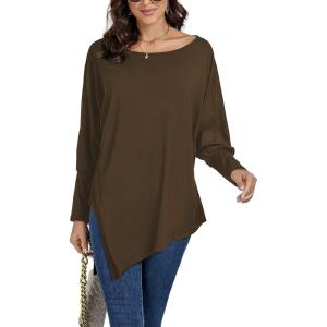 imageLYANER Womens Boat Neck Asymmetrical Hem Bat Long Sleeve Split Loose Tunic TShirt TopMocha