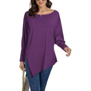 imageLYANER Womens Boat Neck Asymmetrical Hem Bat Long Sleeve Split Loose Tunic TShirt TopPurple